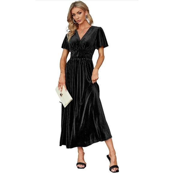 MEROKEETY Dresses & Skirts - NEW Velvet Ribbed V Neck Maxi Short Sleeve Formal Dress S